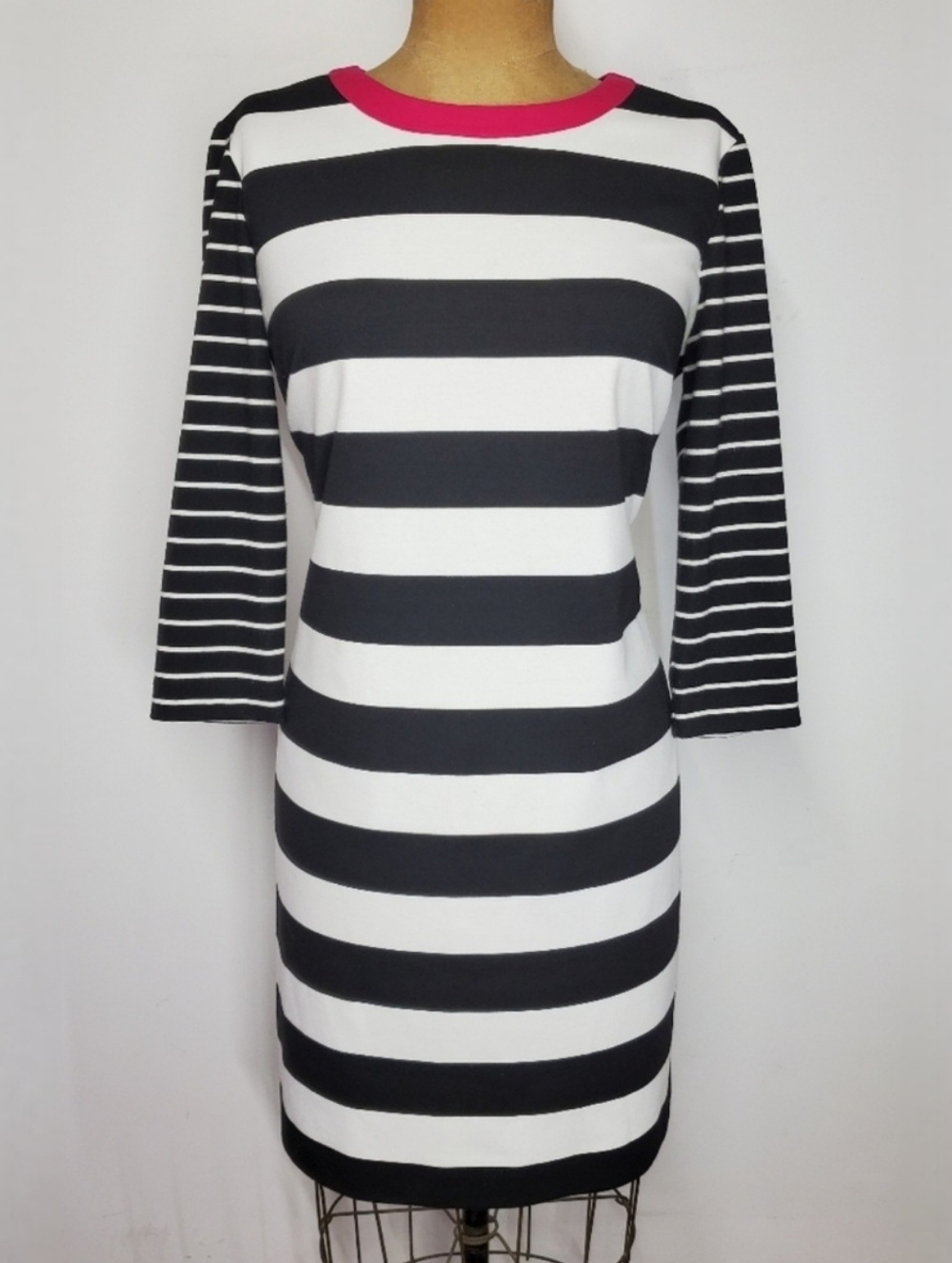 Eliza J Size 14/L Dress Midi Jersey Stripe Pink Collar 3/4 Sleeve Stretchy Black